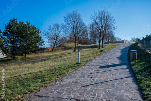 Stone path in meadow with trees nearby. Autumn.