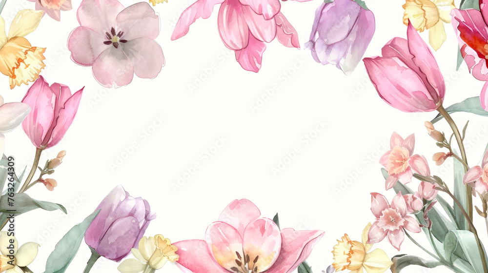 A watercolor painting featuring vibrant pink and yellow flowers in full bloom. The delicate petals and intricate details are beautifully captured with soft, blended colors. Banner. Copy space