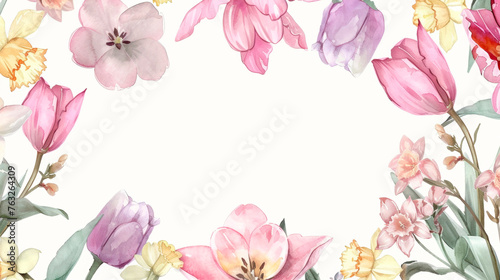 A watercolor painting featuring vibrant pink and yellow flowers in full bloom. The delicate petals and intricate details are beautifully captured with soft, blended colors. Banner. Copy space