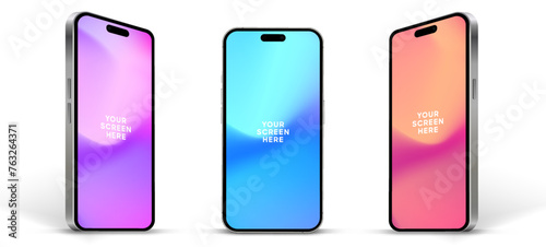 Realistic smartphone mockup. Mobile phone vector with isolated on white background. Device front view. 3D mobile phone with shadow. Realistic, high quality smart phone mockup for ui ux presentation.