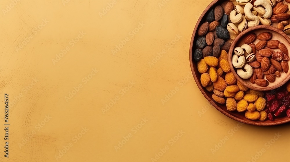 Assorted Nuts and Dried Fruits on a Sunny Yellow Background Assorted Nuts and Dried Fruits on a Sunny Yellow Background