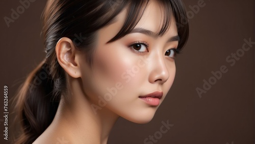 woman model posing profile side face touching chin on brown background