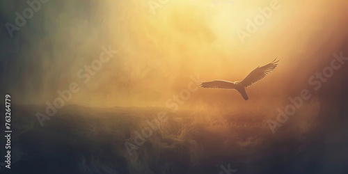 Majestic Solitary Bird Glides Gracefully Through Golden Misty Sunrise Banner