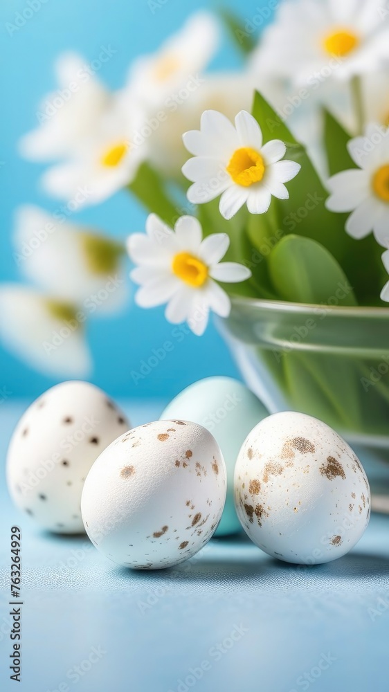Quail white eggs on a light blue background. white flowers, Easter vertical background, banner. Quail white eggs on a light blue background. white flowers, Easter vertical background, banner.