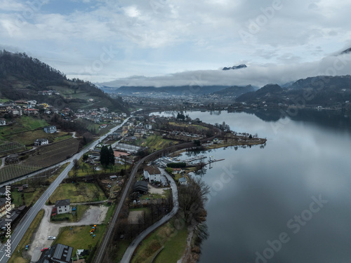 Aerial view of Caldonazzo Lake in Pergine Valsugana, Trentino, Italy. photo