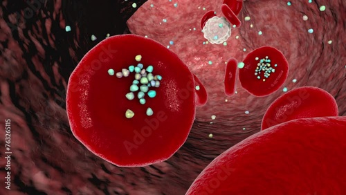 Erythrocyte interaction with plastic microparticles in blood. 3D animation showing particles movement and deposition after entering bloodstream via ingestion, inhalation, or absorption.