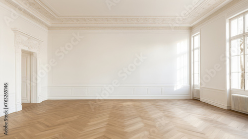 A large, empty room with a white ceiling and white walls. The room is bare and uncluttered, with no furniture or decorations. The space is open and airy