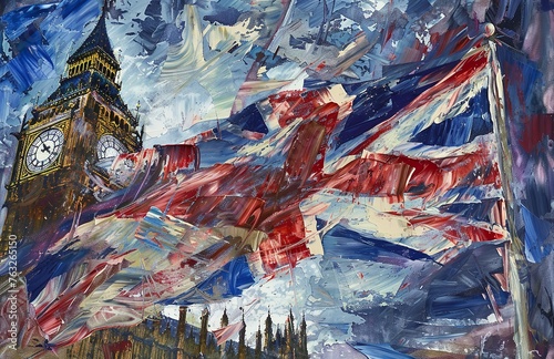 The British Flag Flapping in the Wind with Big Ben in the Background