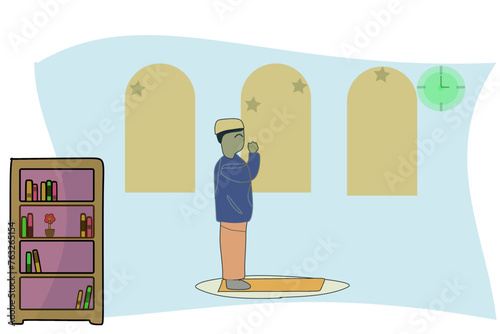 cartoon of a Muslim performing tahajud prayer in the morning 