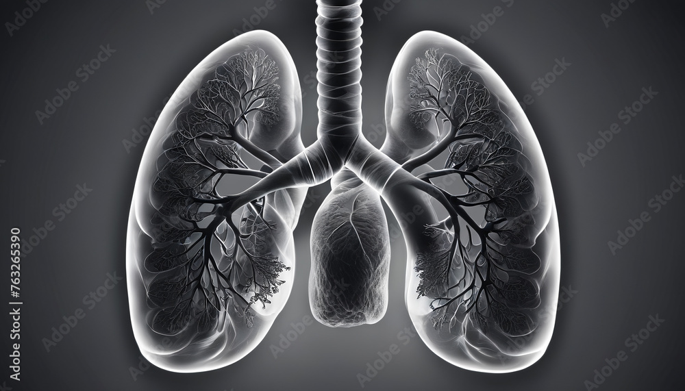 Human lungs on a black background. Carcinogenic indicators. Generative AI.
Human lungs on a black background. Carcinogenic indicators. Generative AI.