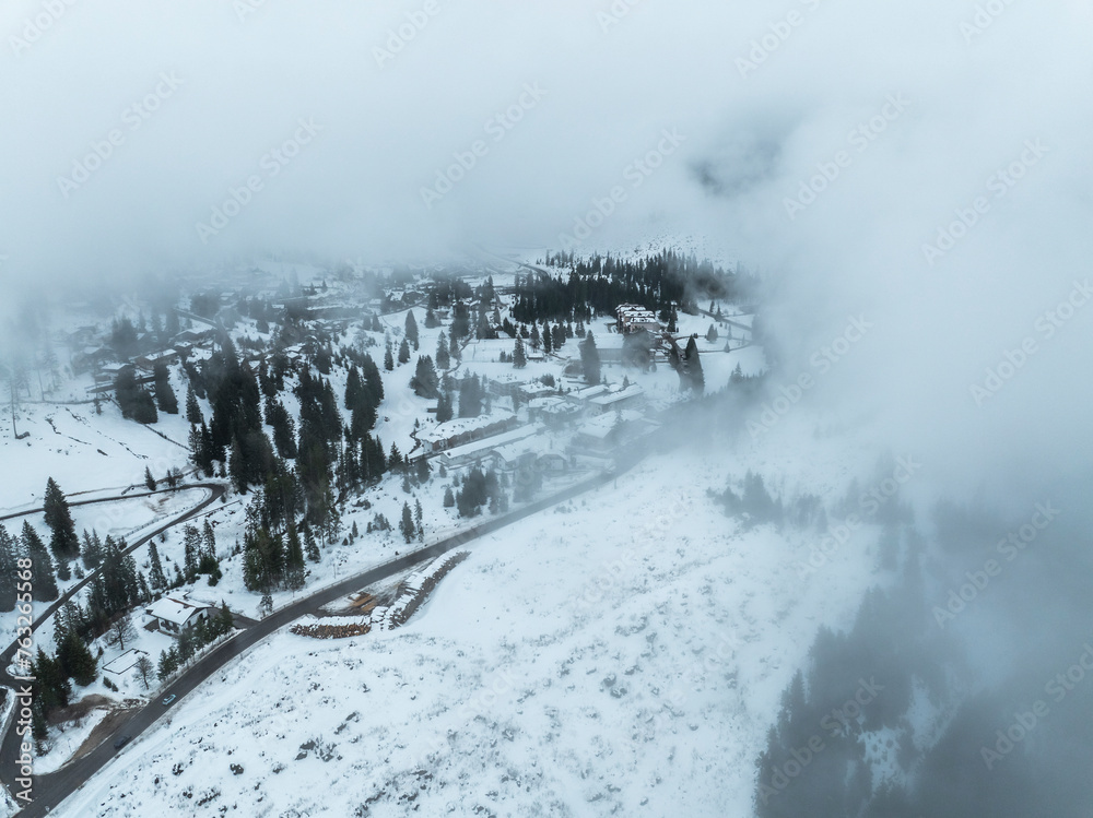 Aerial view of Carezza Lake in winter wonderland, South Tyrol, Italy. Aerial view of Carezza Lake in winter wonderland, South Tyrol, Italy.