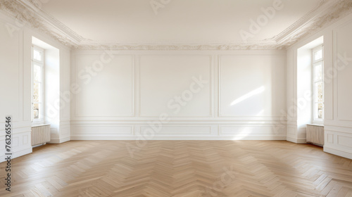A large, empty room with white walls and wooden floors. The room is very spacious and has a clean, minimalist feel. The large windows let in plenty of natural light, making the room feel bright