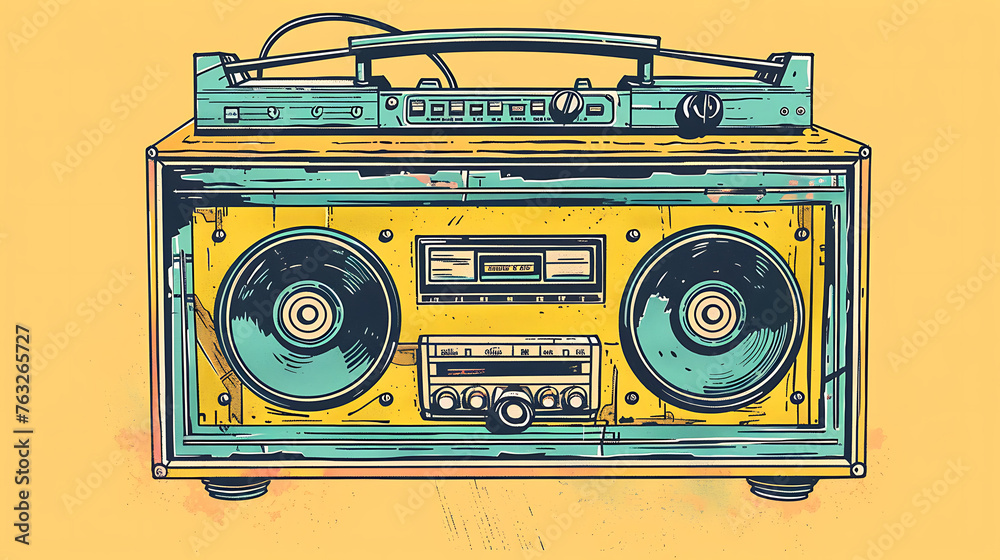 Fototapeta premium Vintage boombox sound system. 1980s Boom Box Cassette Tape Player. Old school vintage radio tape recorder doodle double cassette speaker. Generative Ai