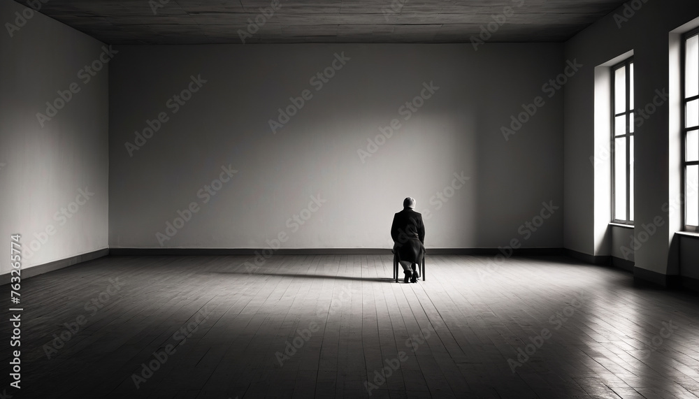 A lone person sits on a chair. Depression as a societal issue. Generative AI.

