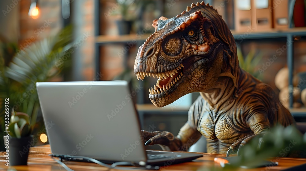 Obraz premium Tyrannosaurus rex dinosaur working in office setting with laptop on business tasks. Concept Dinosaur in Office, Tyrannosaurus rex, Business Tasks, Office Setting, Laptop