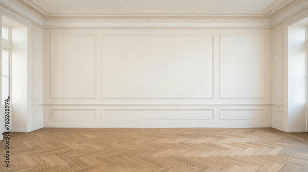 A large, empty room with a white wall and wooden floors. The room is very spacious and has a clean, minimalist feel