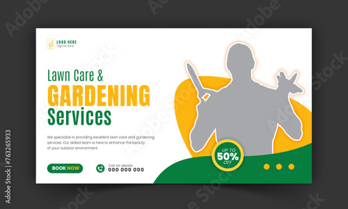 Corporate lawn care and gardening or landscaping service live stream YouTube video thumbnail design, lawn mower, gardening, promotion, web banner, template, abstract green and yellow color shapes