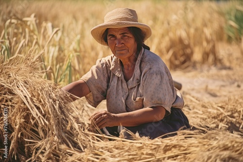 a Mexican old farmer harvesting in field