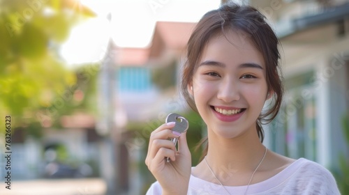 woman buying or rent new home she holding key front of new house. Surprise happy young asian woman giving house key and smile to rent or purchase apartment home. Moving relocation house rent concept