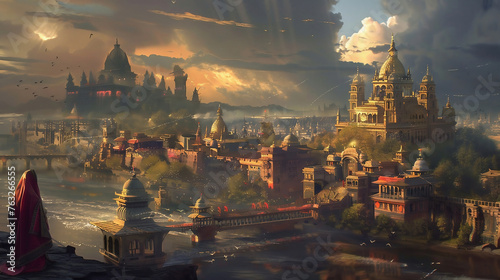 beautiful fantasy city made from white stone and bright copper, medieval city, metropolis, magic, waterways, waterfalls, gorgeous clouds, white marble, god rays, digital art