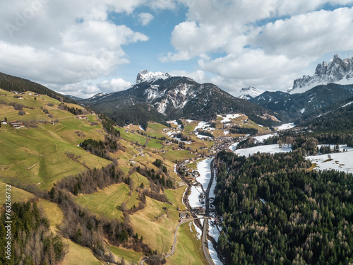 Aerial view of Val di Funes in the alps, South Tyrol, Italy. photo