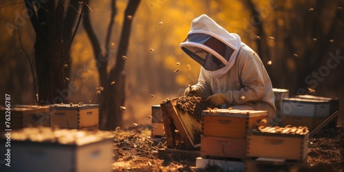 Beekeeper is working with bees in apiary. Beekeeping concept 