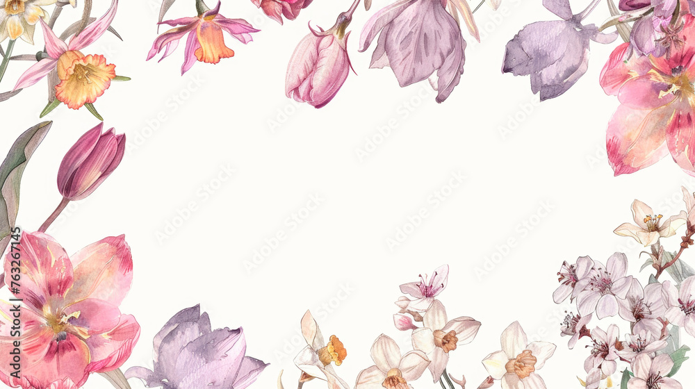 A detailed watercolor painting showcasing vibrant flowers in full bloom on a clean white background. The intricate brushstrokes capture the delicate petals and leaves. Banner. Copy space