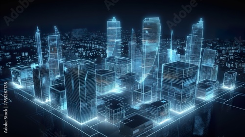 Urban Architecture High Towers Concept of the Future City, Virtual Abstract Digital Buildings, Modern Technology Illustration.