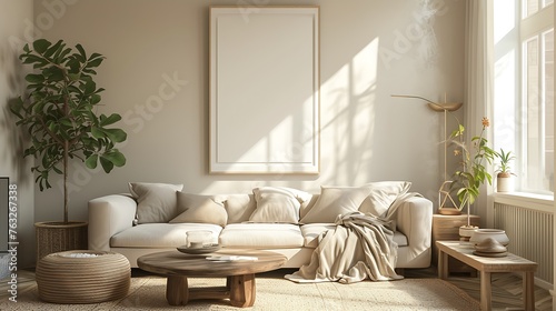 an AI-generated image of a comfortable living room with beige color scheme, art decoration, and a white mockup frame © Shahid