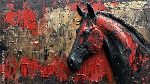 Abstract painting, metal elements, texture background, horses, animals.