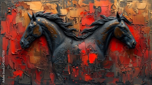 Painting from the modern era, abstract, metal elements, texture background, animals, horses,