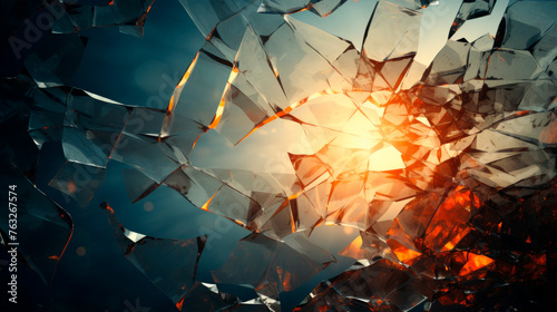 A shattered glass wall with sunlight shining through its cracks, creating a dramatic and fragmented pattern of light and shadows. Anger, rage. Anger and rage. Abstract backgroundю. Banner. Copy space
