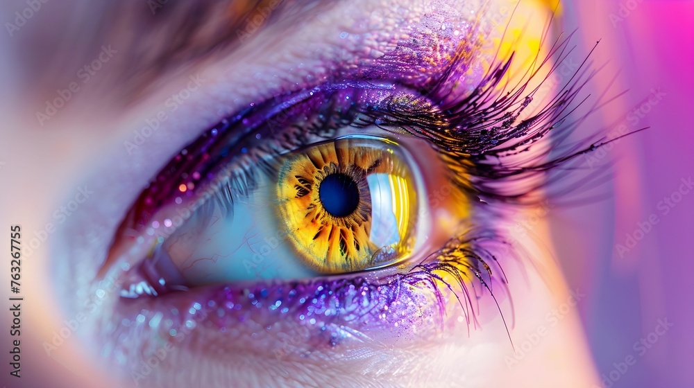 Female eye with long eyelashes and bright multicolored fashion make up. Close up. Studio macro photo. 