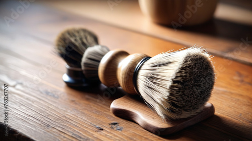Barber's brushes. Shaving tools for the face lay on the table. Generative AI.