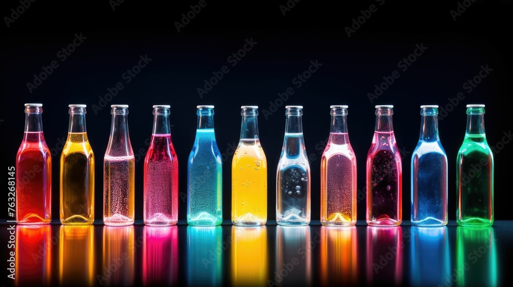 Bottles with colorful drinks and blank labels, mockup Bottles with colorful drinks and blank labels, mockup