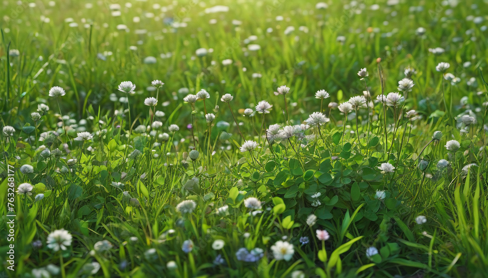Fototapeta premium Clover and other wildflowers growing in a green meadow. Very detailed details. Generative AI.