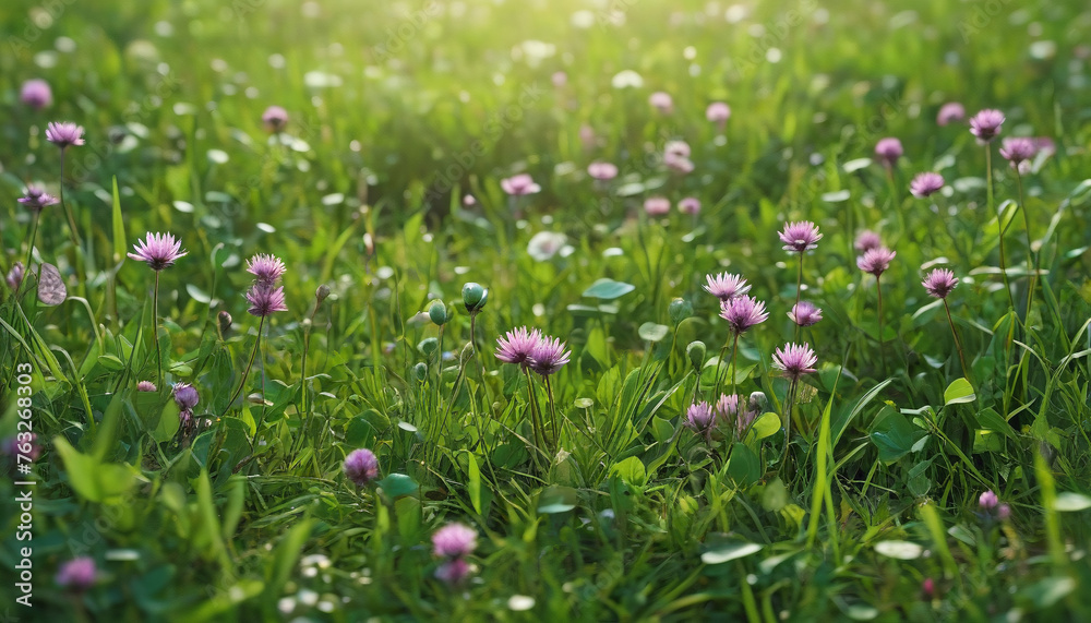 Clover and other wildflowers growing in a green meadow. Very detailed details. Generative AI.

