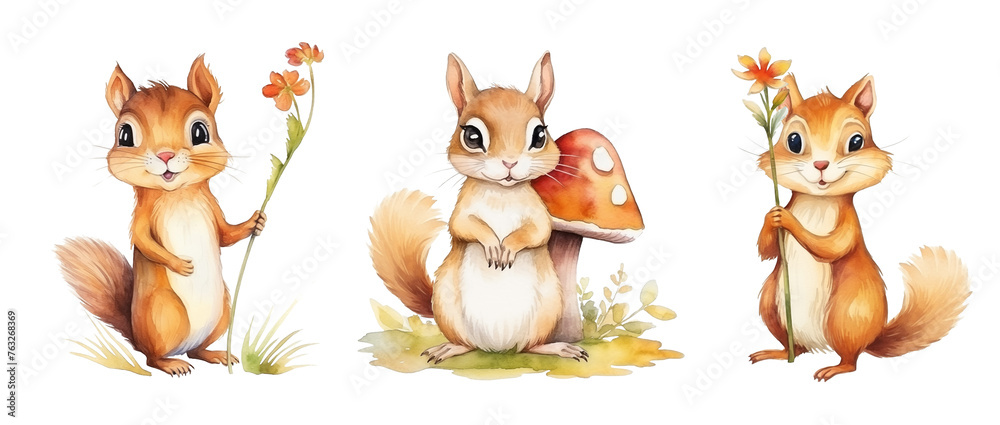 Watercolor set of playful cute squirrels isolated on white background.