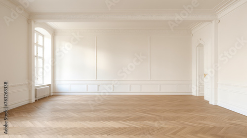 A large, empty room with white walls and wooden floors. The room is very spacious and has a clean, minimalist look. The open space and lack of clutter give the room a sense of calm and tranquility