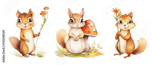 Watercolor set of playful cute squirrels isolated on white background.