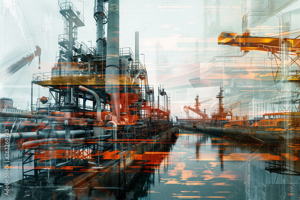 Oil industry concept, double exposure. Symbolic representation of the oil industry.