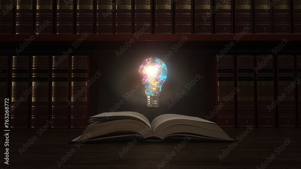 Offenes Buch mit der bunt leuchtenden Glühbirne vor einem Bücherregal - 3D illustration - 3D illustration - obrazy, fototapety, plakaty 