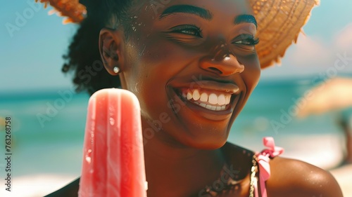 Portrait of a cute young smiling with popsicle ice cream on hot summer day at the beach.