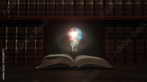 Offenes Buch mit der bunt leuchtenden Glühbirne vor einem Bücherregal - 3D illustration - 3D illustration photo