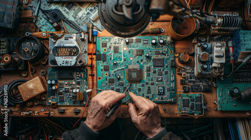 Intricate electronics repair workbench with hands working on motherboard, showcasing technical expertise.