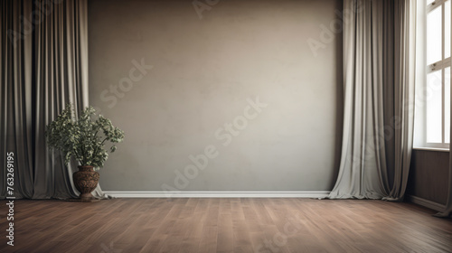 A large empty room with a white wall and a large window. A plant is sitting in a vase on the floor