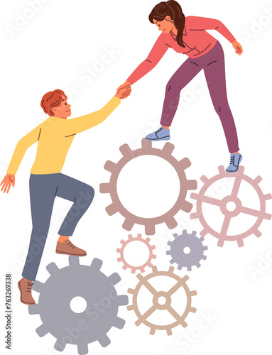 Business woman provides support to weak colleague by helping climb stack of gears, showing commitment to teamwork. Guy and girl from startup support each other to achieve career success