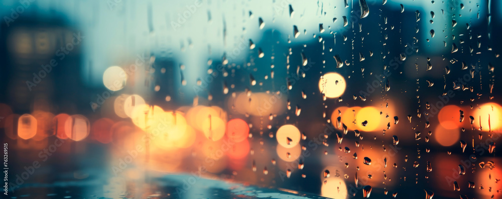 Rain drops cover a window pane, reflecting the buildings in the background. The dreary weather creates a melancholic atmosphere in the urban setting. Banner. Copy space - obrazy, fototapety, plakaty 