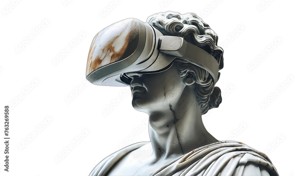 Classical marble statue wearing a VR headset, blending ancient art with modern technology. Virtual reality and digital technology Classical marble statue wearing a VR headset, blending ancient art with modern technology. Virtual reality and digital technology