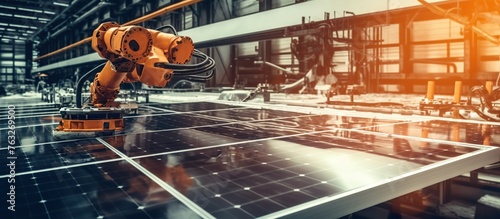 industrial robot is working automatically on solar panels, automatic robot concept